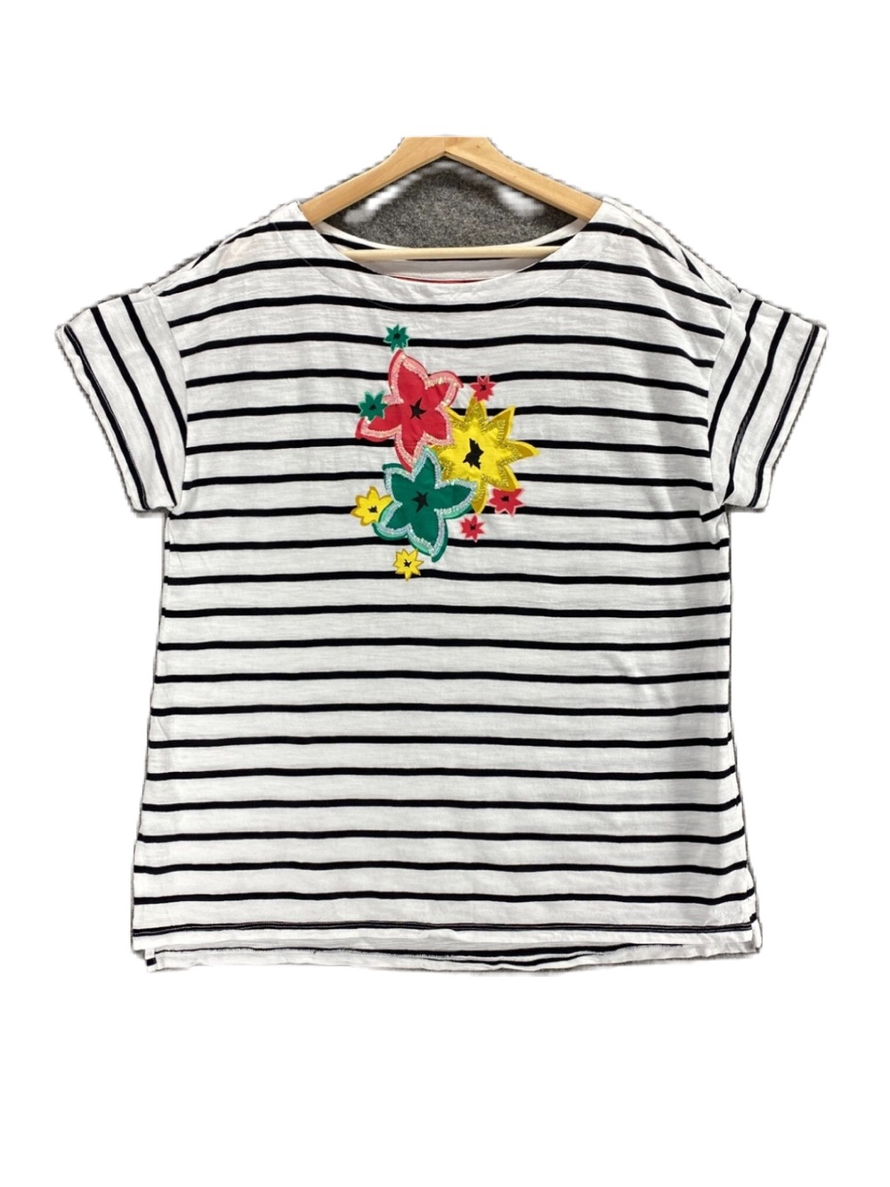 Kim Rogers White & Black Striped  Floral Patch Top